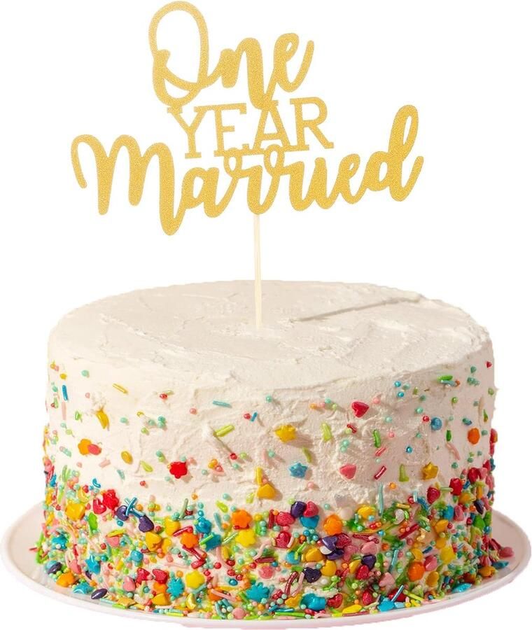 Getrouwde taarttopper eerste verjaardag gouden glitter taartdecoraties gelukkige 1e bruiloft feestdecoraties