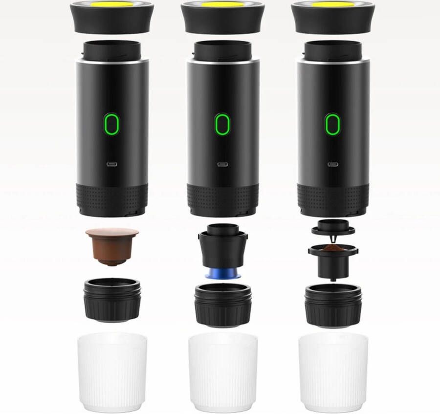 HiBrew Ghani Winkeltje Draagbare Koffiemachine Koffiezetapparaat Met Thermoskan Inclusief USB + Lichtnet + Opbergtas + Standaard Koffiemaker 12 Volt Onderweg 3 in 1 Nespresso Dolce Gusto Koffiepoeder Zwart