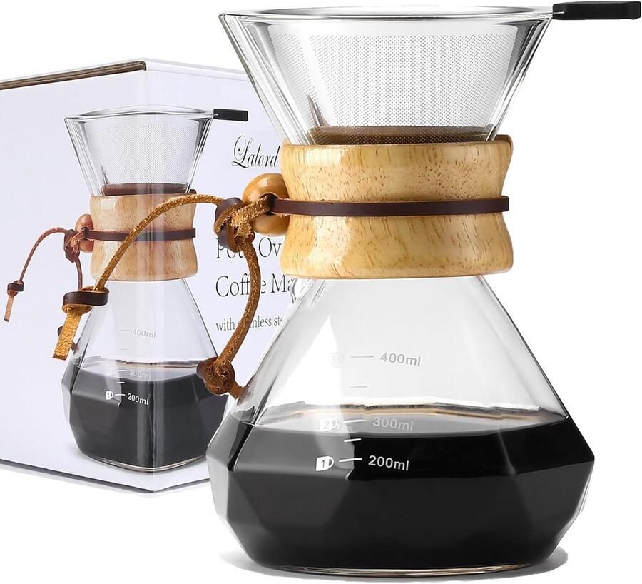 Giet over koffiezetapparaat met roestvrijstalen filter borosilicaatglas koffiekaraf moderne houten kraag koffiezetapparaat karaf houd 2 kopjes 400 ml