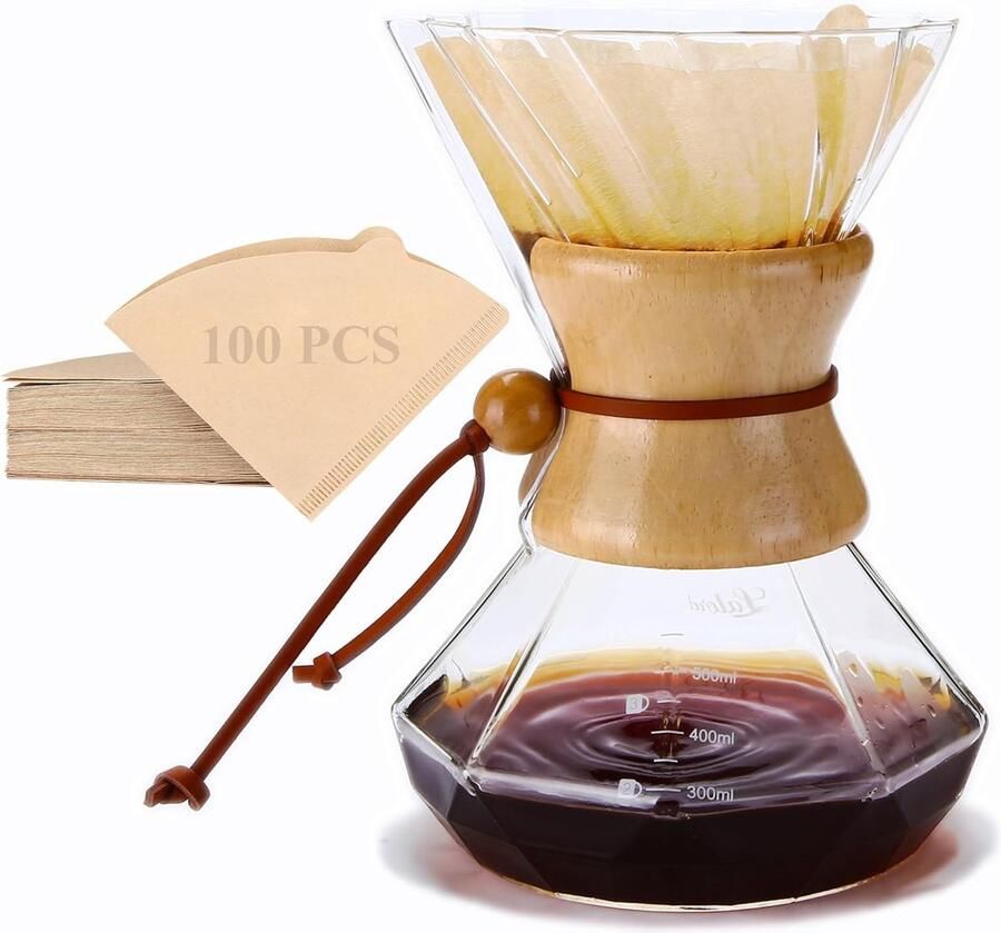 Giet over koffiezetapparaat met roestvrijstalen filter borosilicaatglas koffiekaraf moderne houten kraag koffiezetapparaat karaf (helder 600 ml (alleen papierfilter))