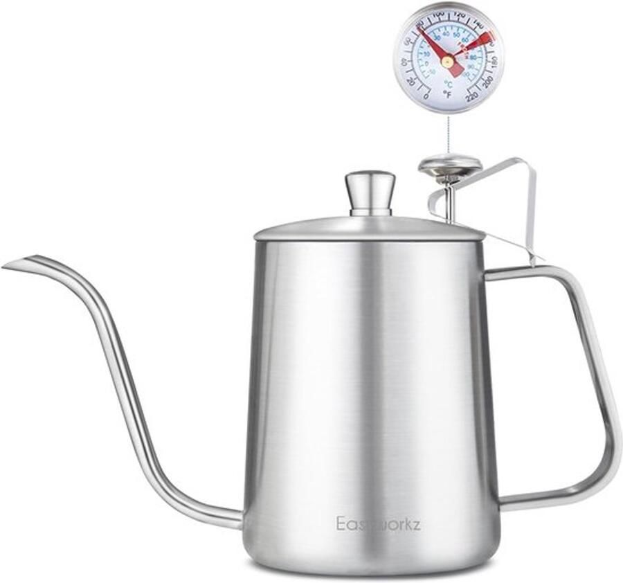Giet Over Waterkoker Roestvrij Staal Zwanenhals Lange Smalle Druppeluitloop Koffie Theepot (Zilver 600ml with Thermometer)
