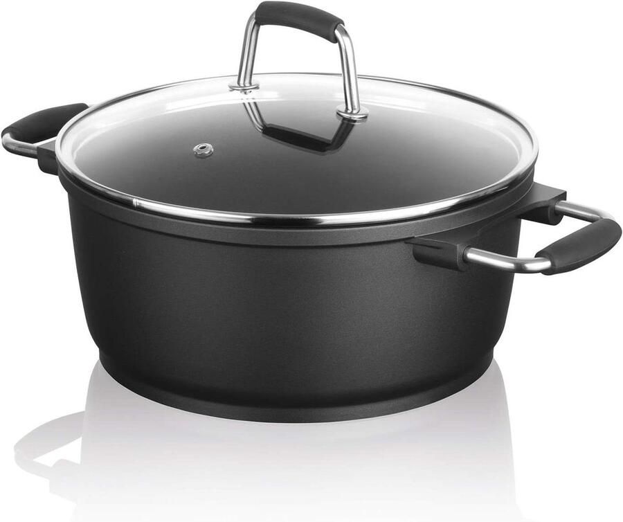 Gietaluminium Steelpan Kookpan met Deksel Vetvrij Koken Dubbele Antiaanbaklaag 28 cm 6.5 Liter Zwart