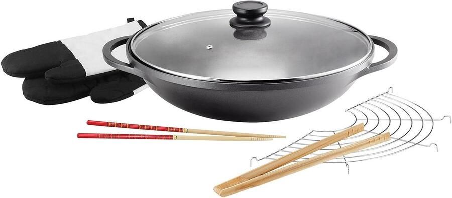Gietaluminium Wok Oosterse Pan Aziatisch Koken Inclusief Deksel Accessoires Ø 36 cm Zwart