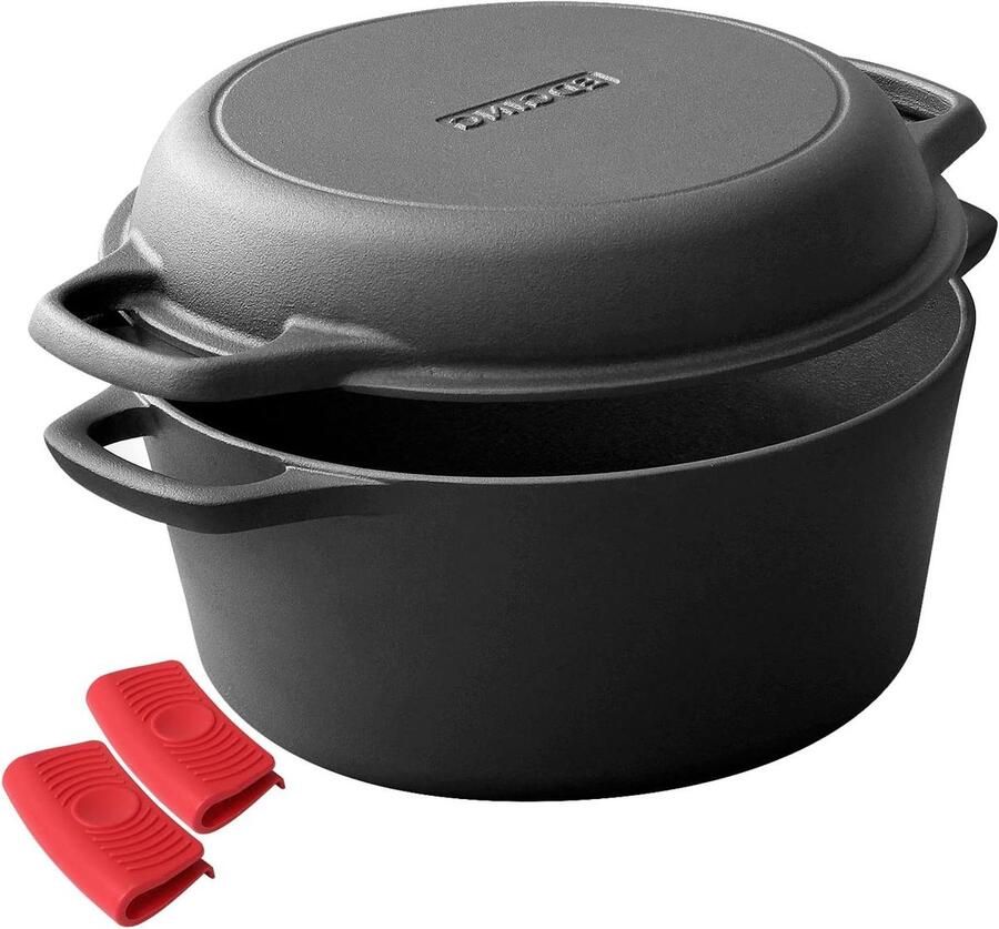 Gietersijzeren Stoofpan Braadpan met Deksel Buiten Koken Dubbele Handvatten 7 Quarts Zwart