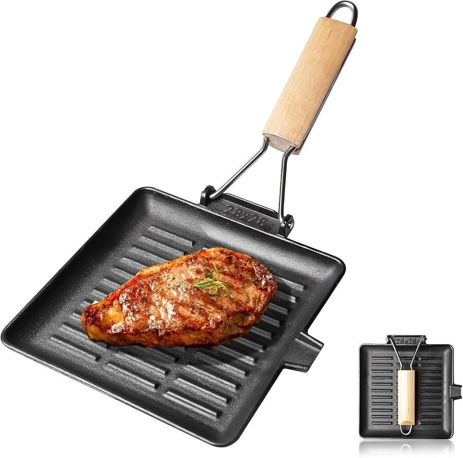 Gietijzer 28 x 28 cm grillpan inductie met inklapbaar houten handvat vierkante grillplaat voor alle warmtebronnen robuuste grillpan voor steak groenten en vis gemakkelijk te reinigen