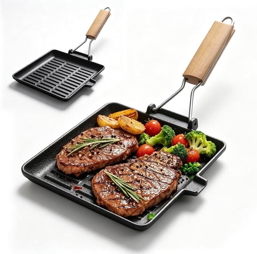 Gietijzer grillpan met inklapbaar houten handvat vierkante grillpan inductie voor alle warmtebronnen camping outdoor keuken gemakkelijk te reinigen (28 × 28 cm)