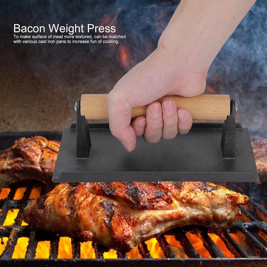 Gietijzer Grillpers Bacon Pers Gewicht Vlees Grillen Houten Handvat Vetgroeven 21 x 10.5 cm Zwart