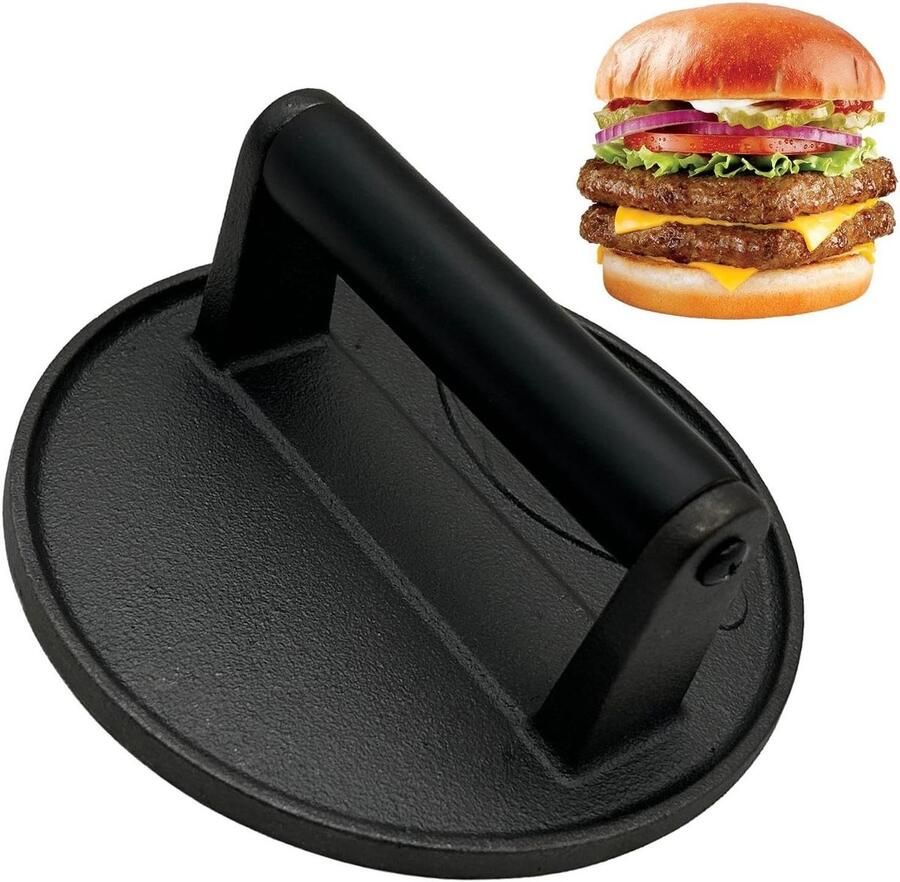 Gietijzer Grillpers Burgerpers Vlakke Bakplaat Gelijkmatig Grillen Hittebestendig Handvat 18.5 cm Diameter Zwart