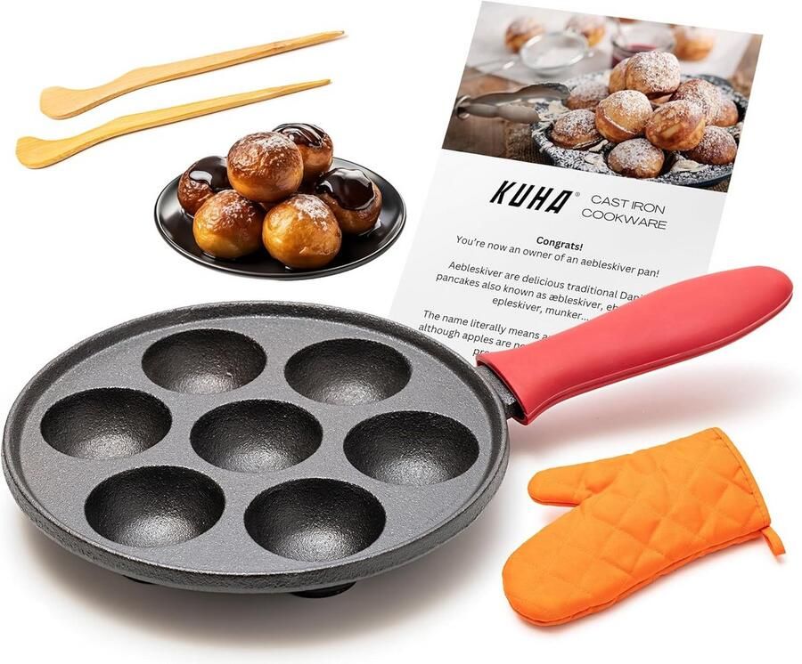 Gietijzeren Aebleskiver Pan voor Deense Pannenkoek Balletjes Inclusief Spiesjes & Siliconen Handvat