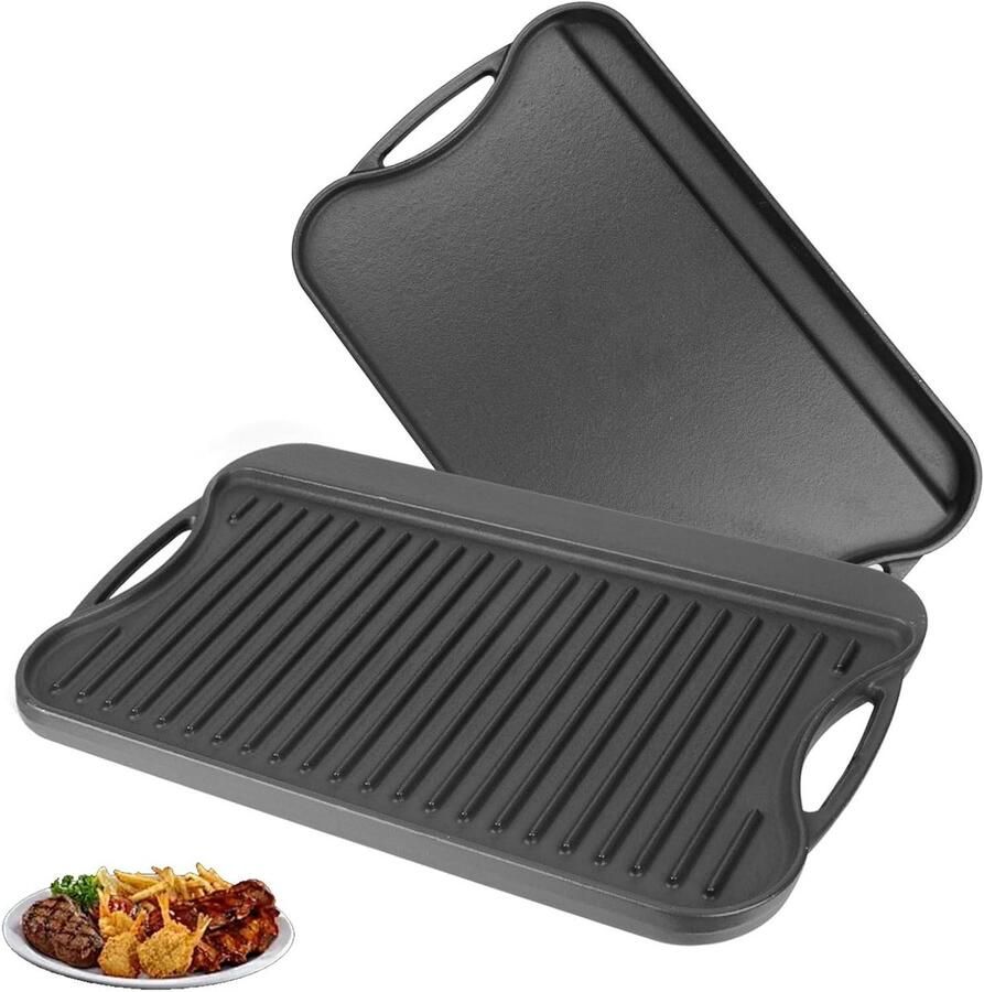 Gietijzeren Bakplaat Dubbele Pan Binnen en buiten koken Omkeerbaar ontwerp 43 x 25 cm Zwart