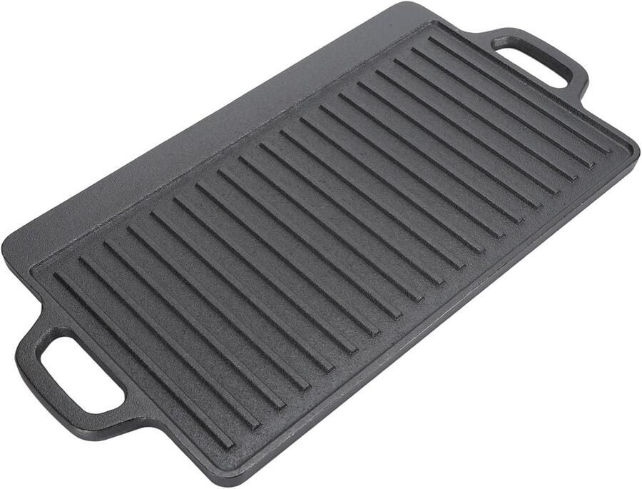Gietijzeren Bakplaat Dubbelzijdig Grill Koken en Grillen Voorbehandeld Klaar 44 x 23 cm Zwart
