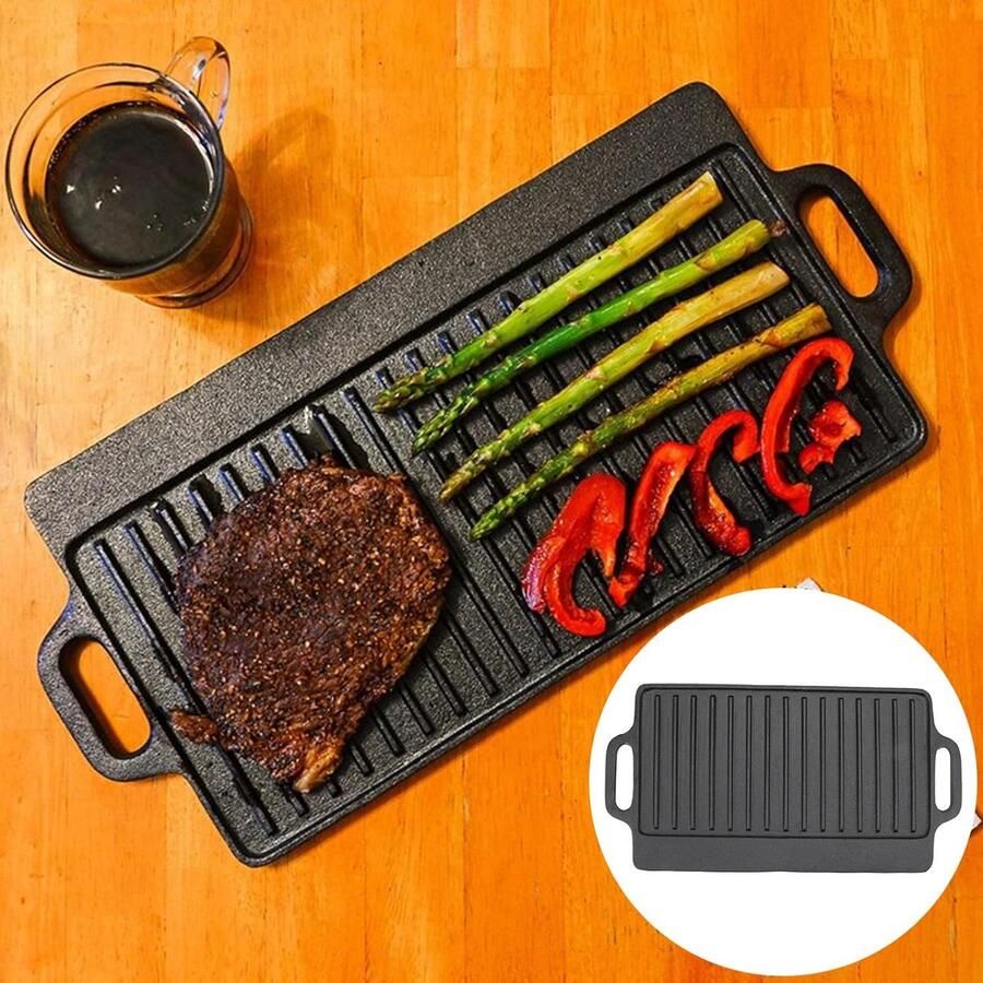 Gietijzeren Bakplaat Dubbelzijdig Grillen Veelzijdig Koken Uniforme Warmte 40x20cm Zwart