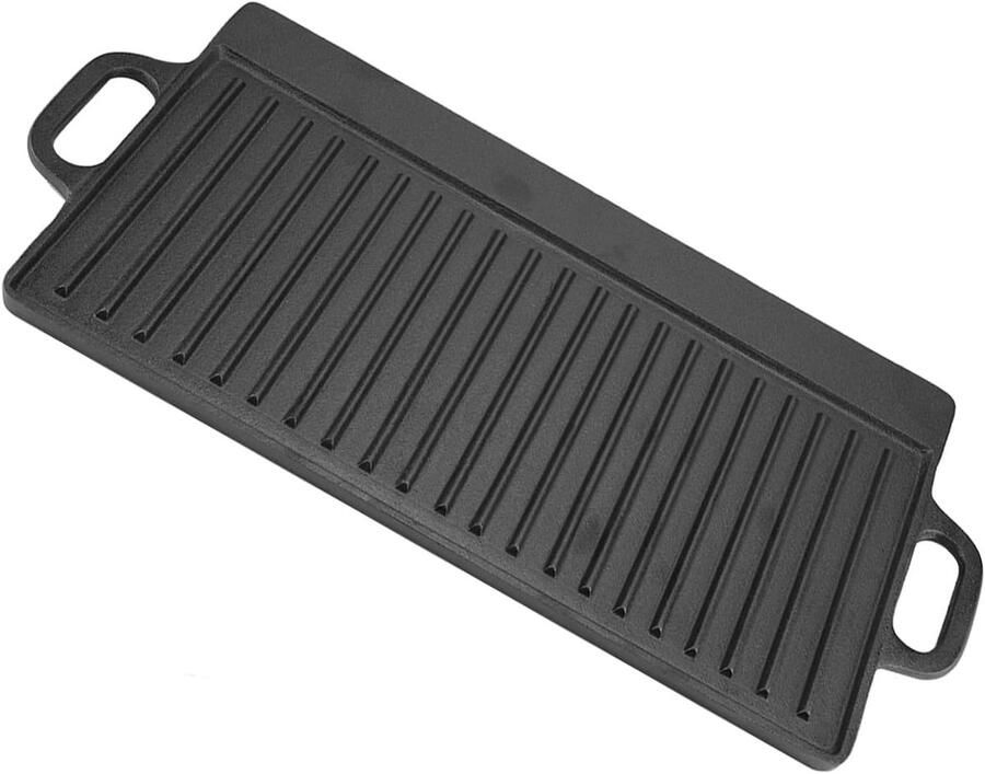 Gietijzeren Bakplaat Dubbelzijdige Kookplaat Binnen en buiten koken Voorgekruid anti-aanbak 50x23 cm Zwart