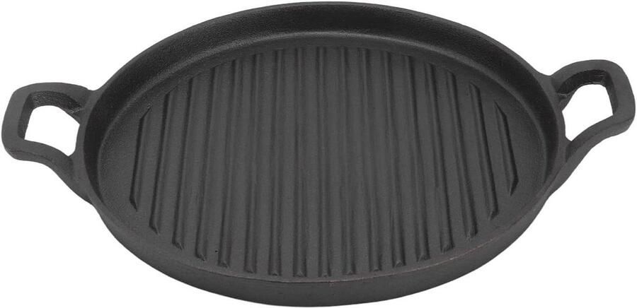 Gietijzeren Bakplaat Geribbeld Koekenpan Binnen Buiten Koken Omkeerbaar Dubbelzijdig 24 cm Diameter Zwart