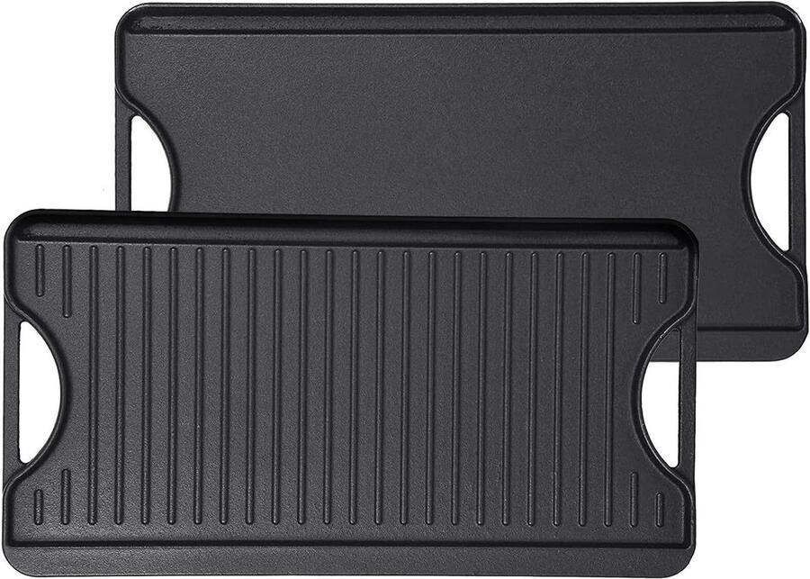 Gietijzeren Bakplaat Grill Pan Reversible Koken en Grillen Dubbelzijdig Bruikbaar 51 x 27 cm Zwart