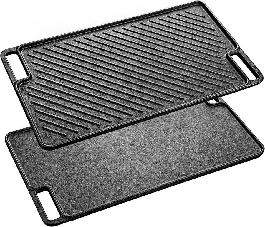 Gietijzeren bakplaat Grillpan dubbelzijdig Vetarm bakken Gegoten uit één stuk 45.5 x 26 cm Zwart