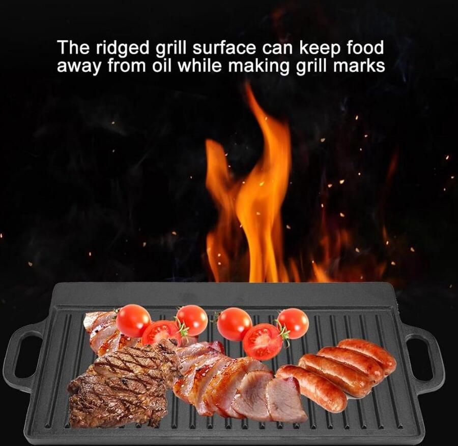 Gietijzeren Bakplaat Grillplaat Teppanyaki Buiten Koken Dubbelzijdig Ontwerp 40x20CM Zwart