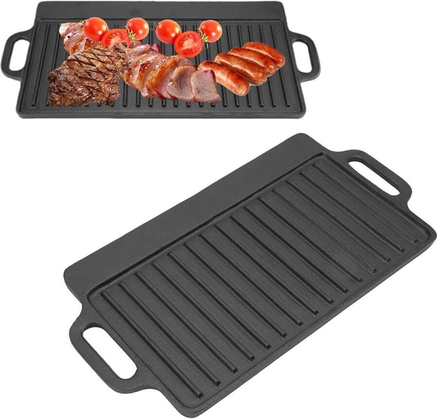 Gietijzeren Bakplaat Grillplaat Teppanyaki Dubbelzijdig Grillen Verdikte Plaat 46x23CM Zwart