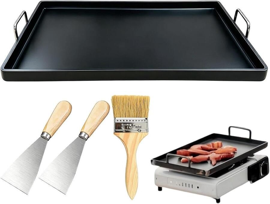 Gietijzeren Bakplaat Grillpan Rechthoekig Koken Binnen Buiten Gelijkmatige Warmteverdeling 30x20 cm Zwart
