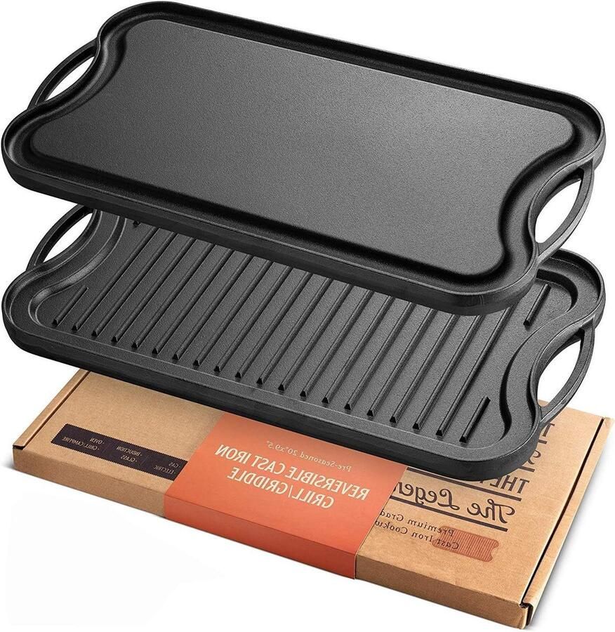 Gietijzeren Bakplaat Omkeerbare Grillpan Koken op Inductie Gladde Krasvrije Afwerking 50 x 25 cm Zwart