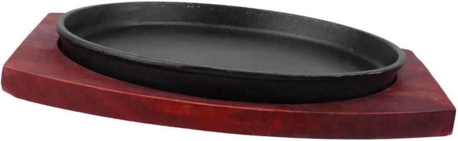Gietijzeren Bakplaat Steak Pan Barbecue Gerechten Bereiden Met Houten Handvat 28 cm Bruin