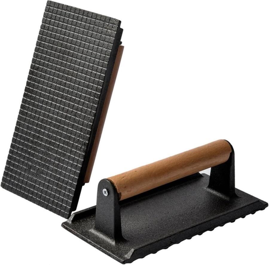 Gietijzeren BBQ Pers Burger Drukker Vlees Grillen Ribbeloppervlak 20 x 10.5 cm Zwart