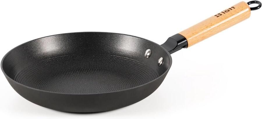 Gietijzeren braadpan Antiaanbak pan Gezond koken Afneembare houten greep 24 cm diameter Zwart