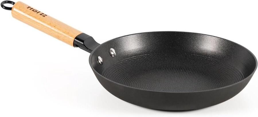 Gietijzeren Braadpan Antiaanbakpan Gezond Koken Afneembare Houten Handgreep Diameter 24 cm Zwart