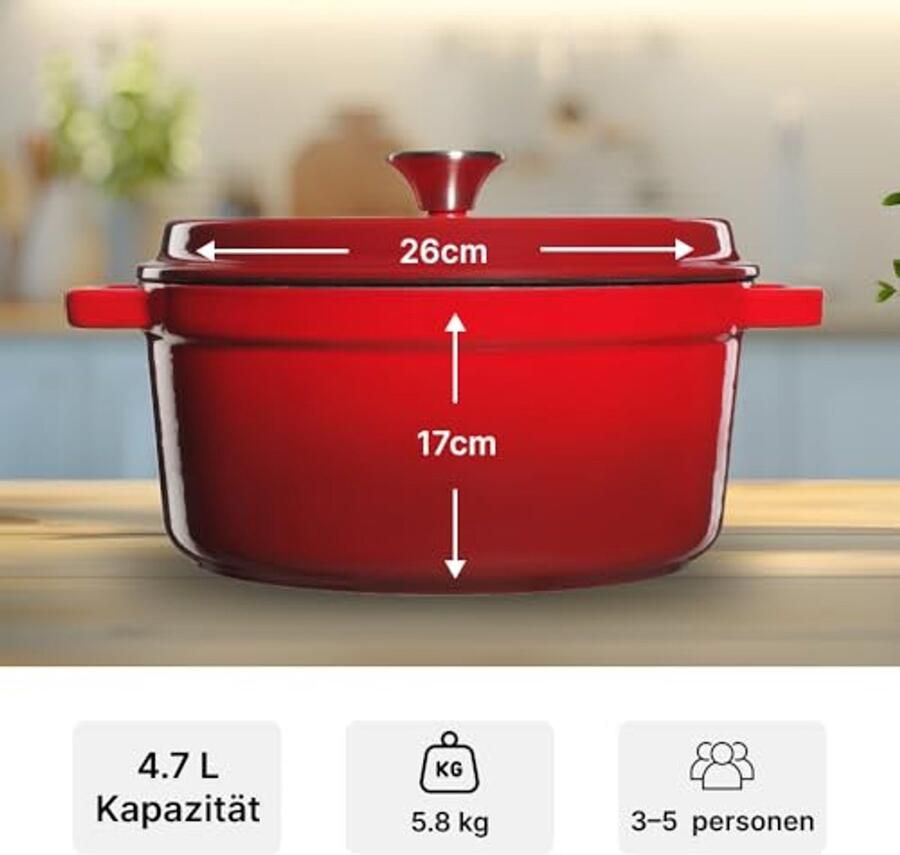 Gietijzeren Braadpan Emaille Pan Langzaam Garen Zelf Basting Deksel 47 Liter Rood - Foto 2