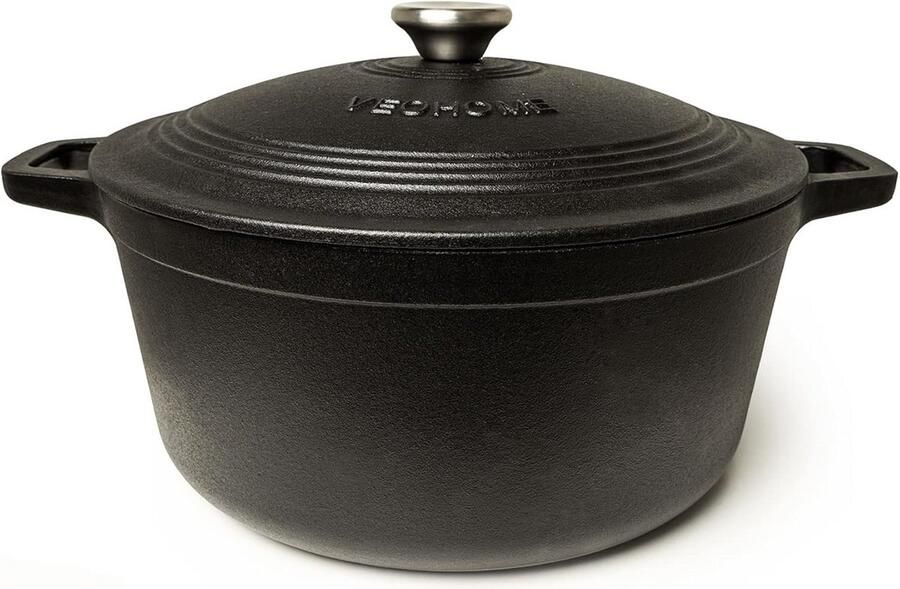 Gietijzeren Braadpan Stoofpan Cocotte Langzaam Garen Deksel met Vochtcirculatie 6 Liter Mat Zwart