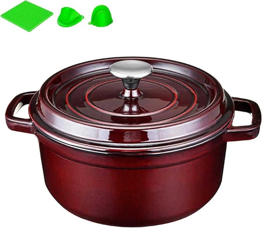 Gietijzeren Braadpan Geëmailleerde Pan Langzaam Garen Zelfcirculerend Deksel 26 cm Donkerrood