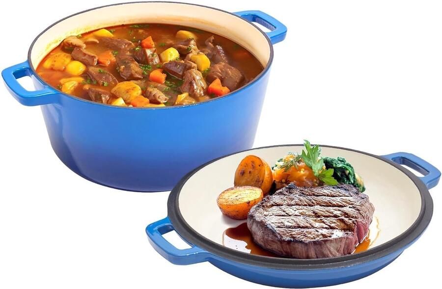 Gietijzeren Braadpan Geglaceerde Pan Langzaam Koken 2-in-1 Deksel 6 Liter Blauw