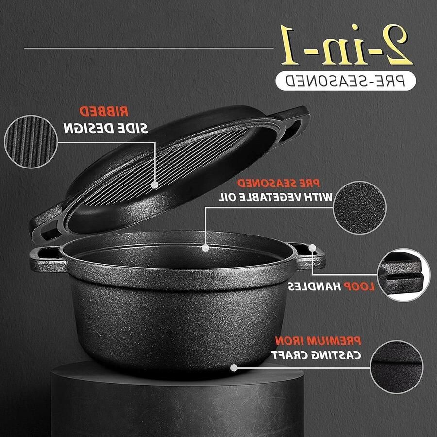 Gietijzeren Braadpan Handi Pot Langzaam Koken 2-in-1 Grill Deksel 5 Liter Capaciteit Zwart - Foto 1