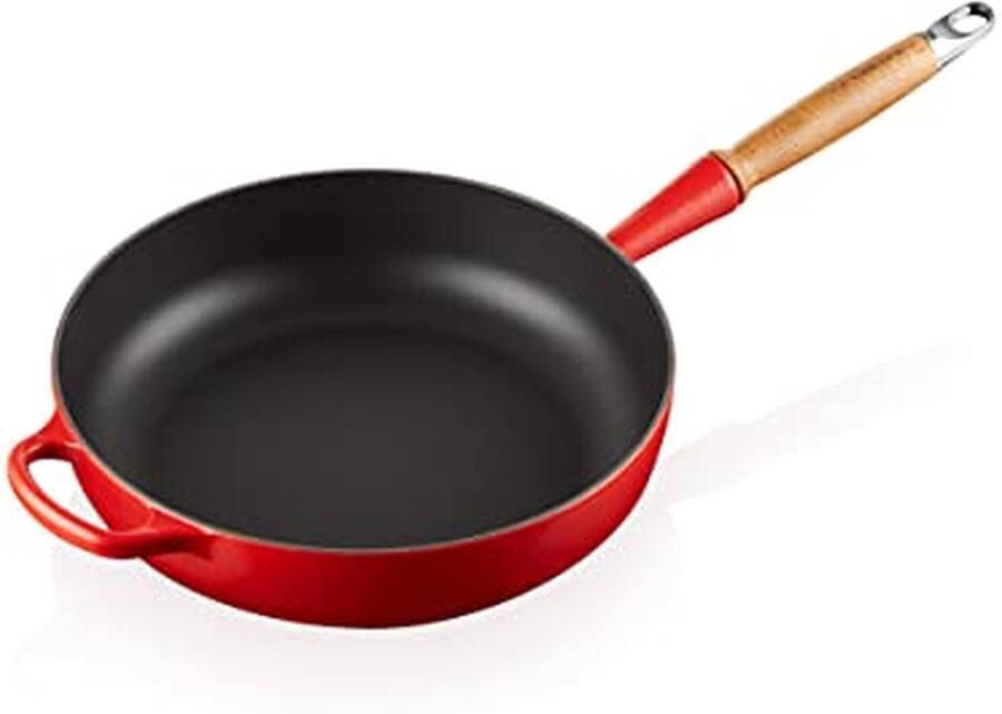 Gietijzeren Braadpan Hapjespan Koekenpan Aanbraden en Stoven Houten Handgreep 28 cm Rozerood