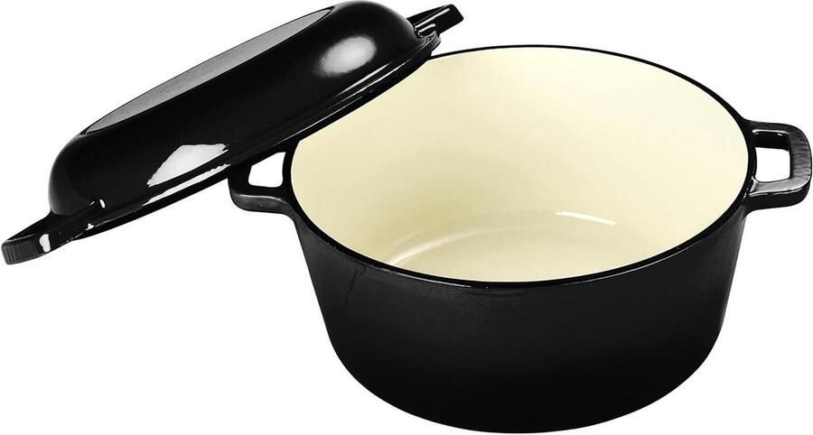 Gietijzeren Braadpan Hapjespan Stoofpan Langzaam Garen Deksel als Grillpan 3.5 liter Zwart