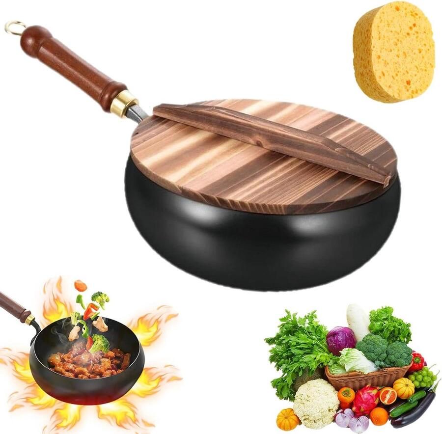 Gietijzeren Braadpan Japanse Wok Gezond Koken Handgemaakt Smeedwerk 28 cm Zwart