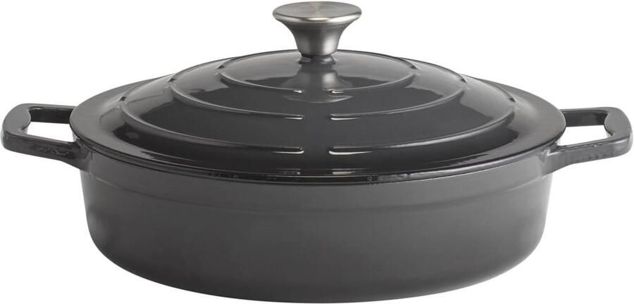 Gietijzeren braadpan met deksel Ø 28 cm inductievriendelijk ovenbestendig 3 liter antraciet