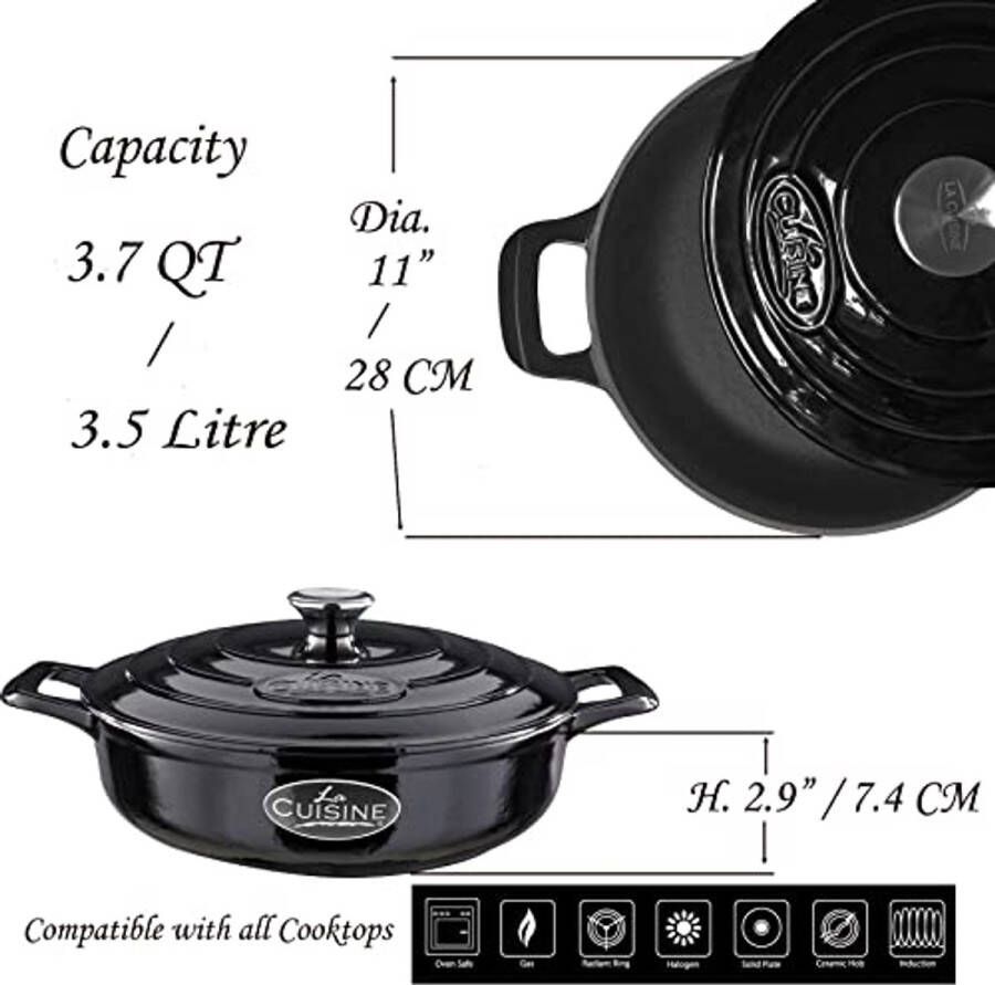 Gietijzeren Braadpan met Deksel – 3 5 L 28 cm – Mat Zwart en Glanzend Zwart