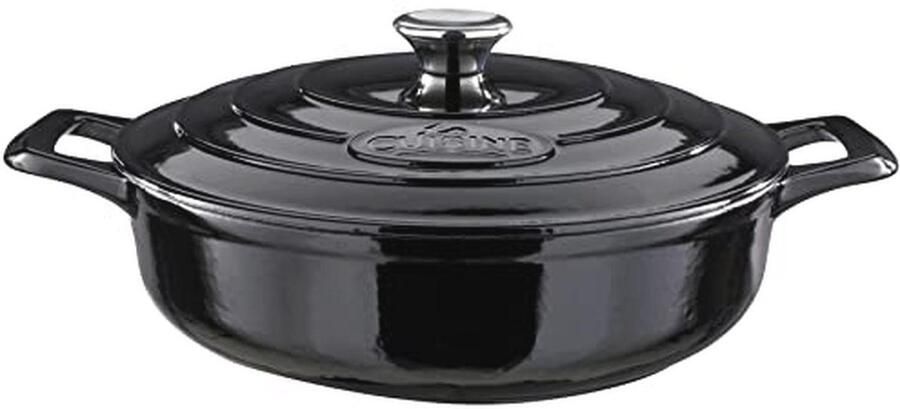 Gietijzeren Braadpan met Deksel – 3 5 L 28 cm – Mat Zwart en Glanzend Zwart