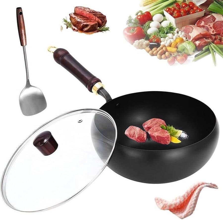 Gietijzeren Braadpan Ongecoate Pan Koken en Bakken Natuurlijk Anti-aanbak 24 cm Zwart