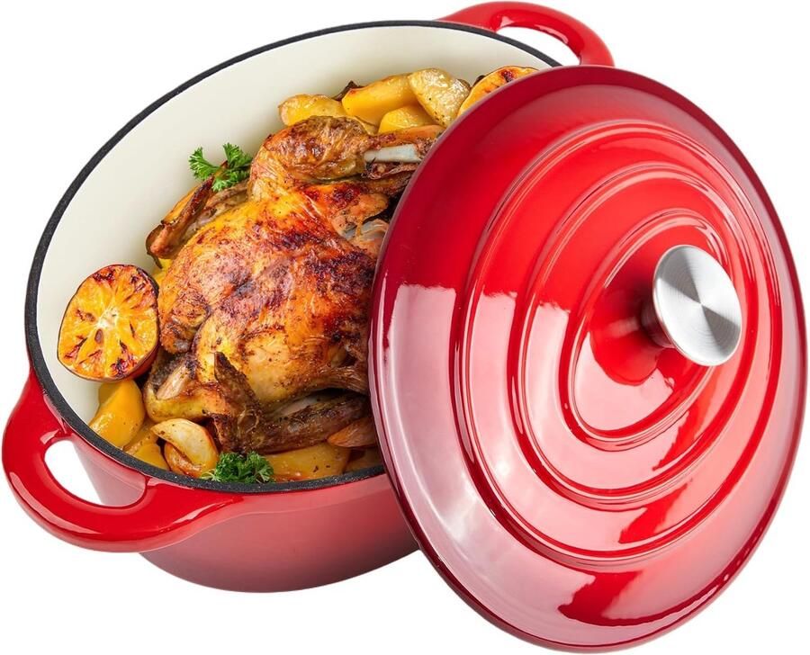 Gietijzeren Braadpan Oude Hollandse Oven Langzaam Koken Superieure Warmteverdeling 5.5 Liter Rood