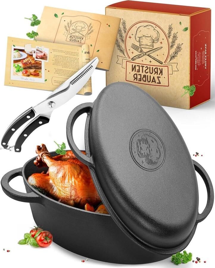 Gietijzeren Braadpan Ovenschaal Stoofpan Langzaam Garen Inclusief Kipknipper 38 cm Zwart