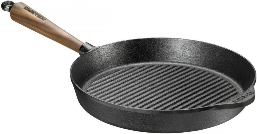 Gietijzeren Braadpan Serveerschaal Wok Koken en Serveren Walnoot Houten Handvat 28 cm Zwart