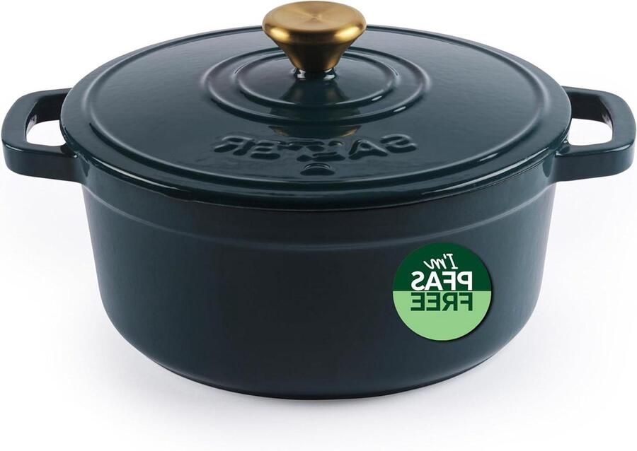 Gietijzeren Braadpan Stoofpan Soepketel Langzaam Garen Zelfbedruipend Deksel 2 Liter 20cm Groen