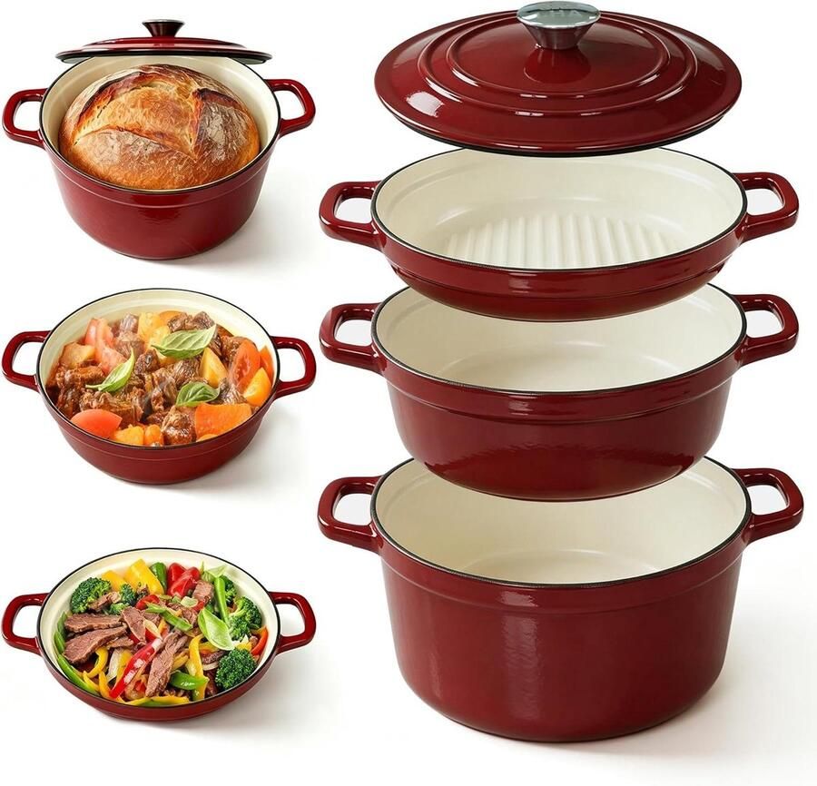 Gietijzeren Braadpan Stoofpan Dutch Oven Langzaam Garen 3-in-1 Multifunctioneel 25 cm 4.5 Liter Rood