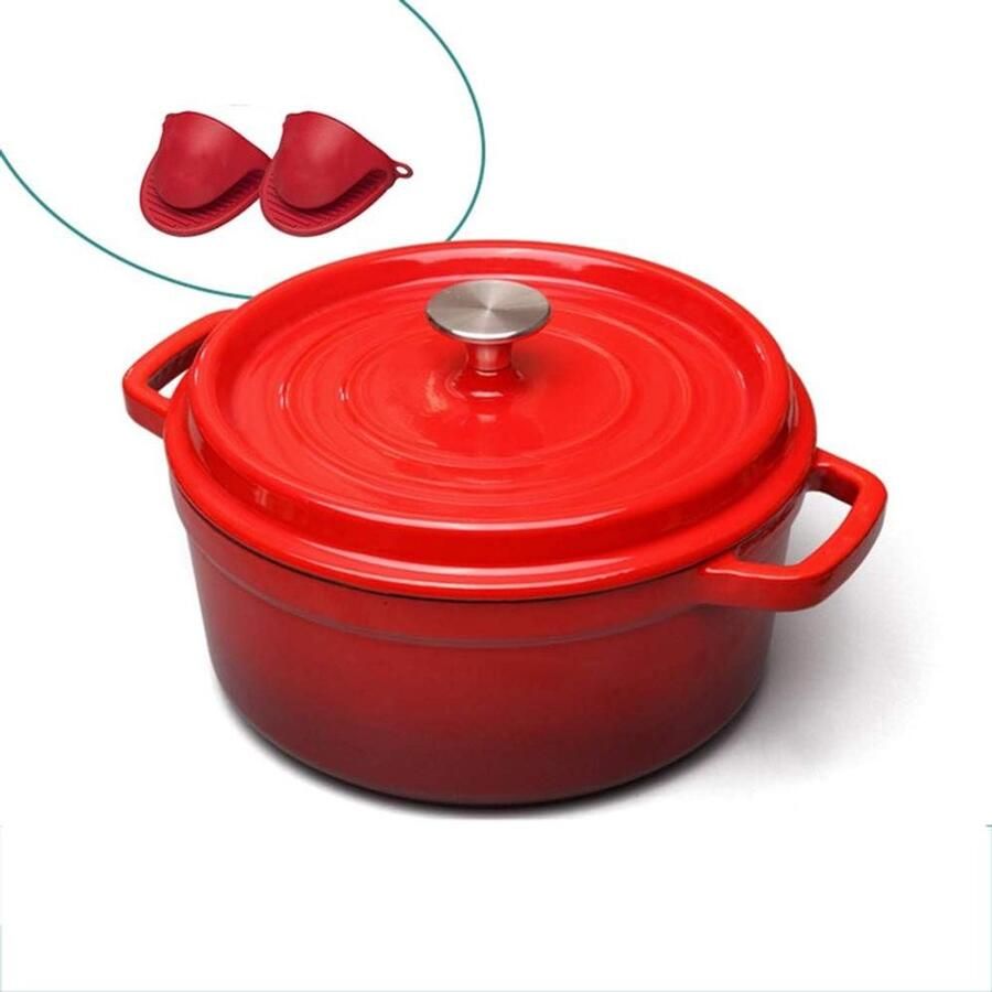 Gietijzeren Braadpan Stoofpan Emaille Langzaam Garen Dimpled Deksel 22cm Rood