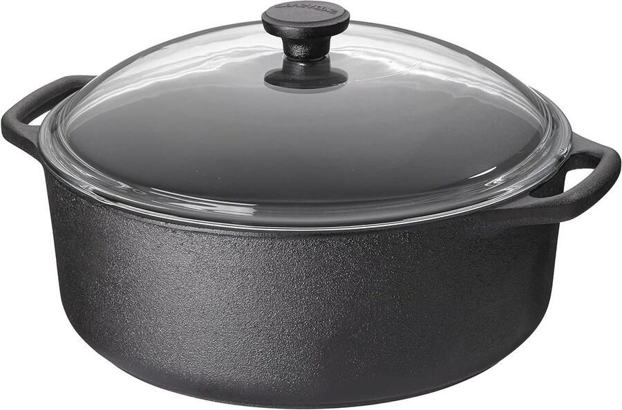 Gietijzeren Braadpan Stoofpan Koekenpan Langzaam Garen Met Glasdeksel 55 Liter Zwart