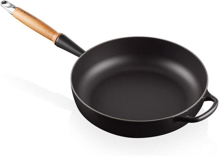 Gietijzeren braadpan Stoofpan Langzaam garen Hout handvat 28 cm Matzwart
