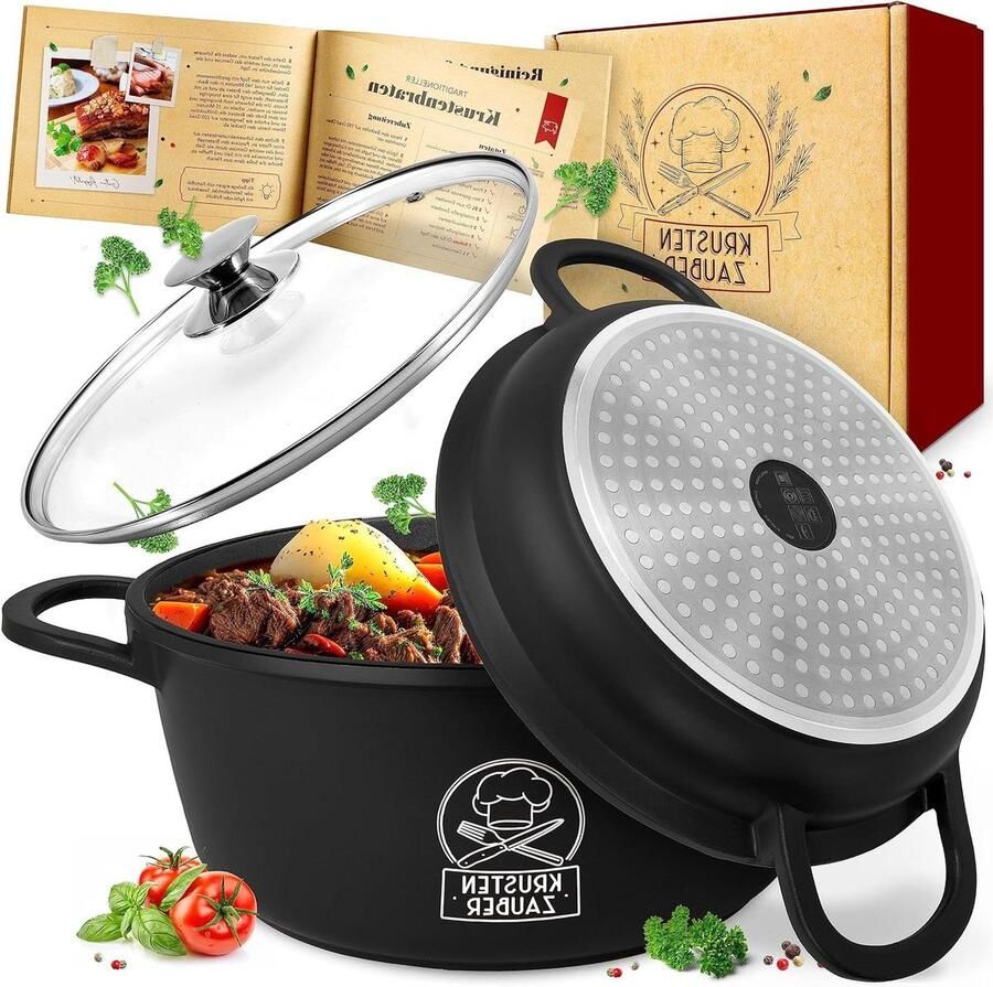 Gietijzeren Braadpan Stoofpan met Deksel Langzaam Garen Gelijkmatige Warmteverdeling 24 cm Zwart