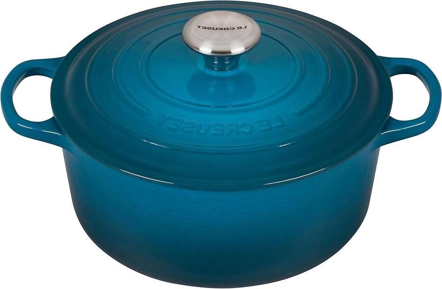 Gietijzeren Braadpan Stoofpan met deksel Langzaam Koken Gelijkmatige Warmteverdeling 24 cm Diep Groenblauw